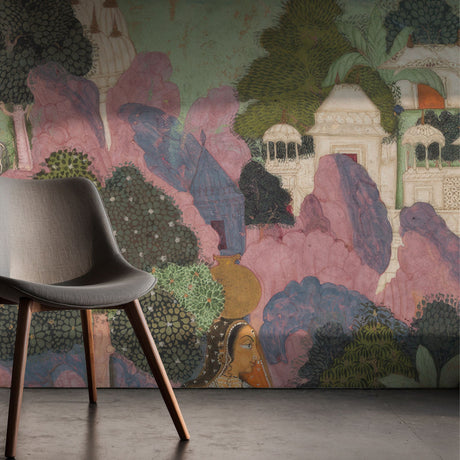 One Fine Day | Colorful Traditional Indian Landscape Wallpaper Mural Wallpaper Mural Sckribbles