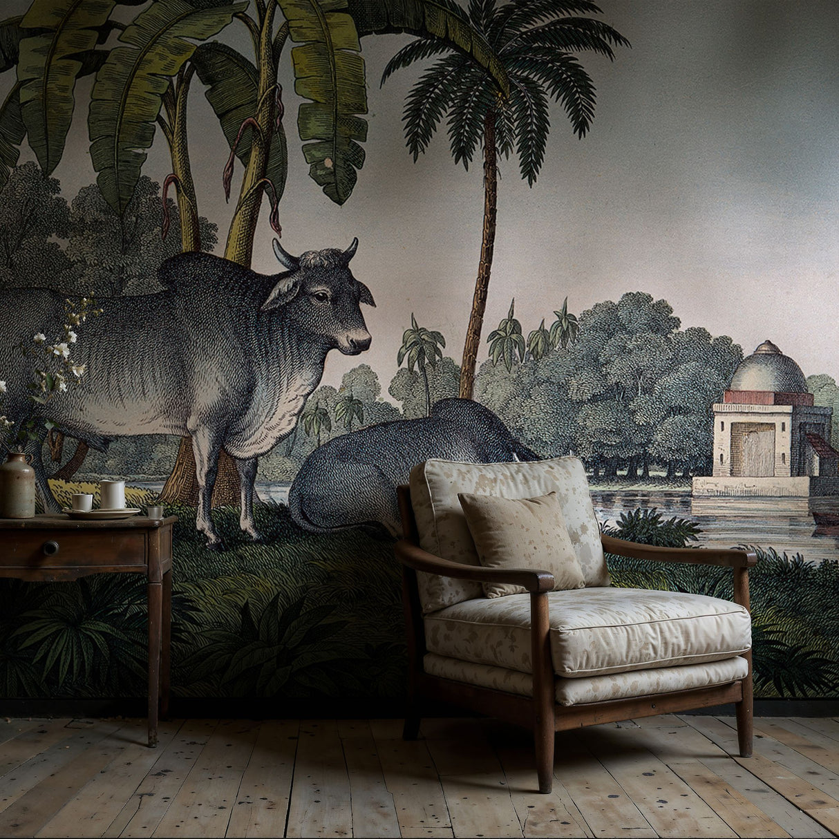 Zebu | Scenic Tropical Palm Trees with Cattle Wallpaper Mural Wallpaper Mural Sckribbles