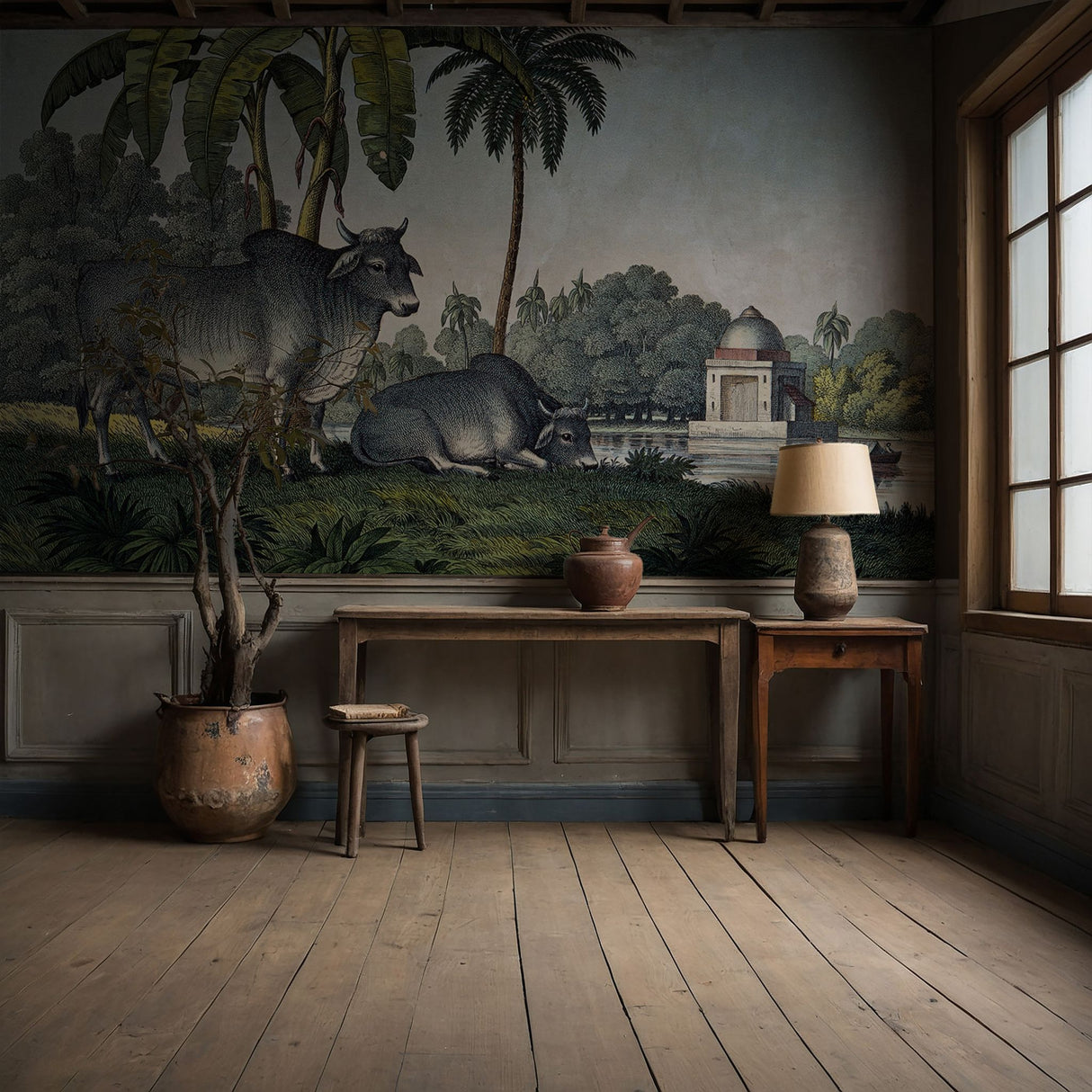 Zebu | Scenic Tropical Palm Trees with Cattle Wallpaper Mural Wallpaper Mural Sckribbles