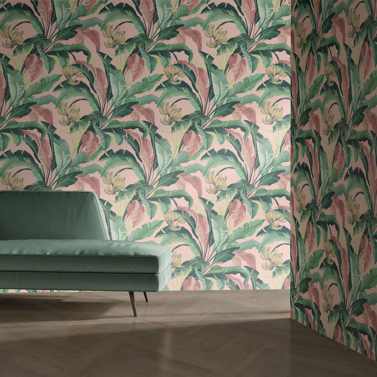 Tropical Delight | Pink and Green Banana Leaves Jungle Wallpaper Wallpaper Sckribbles