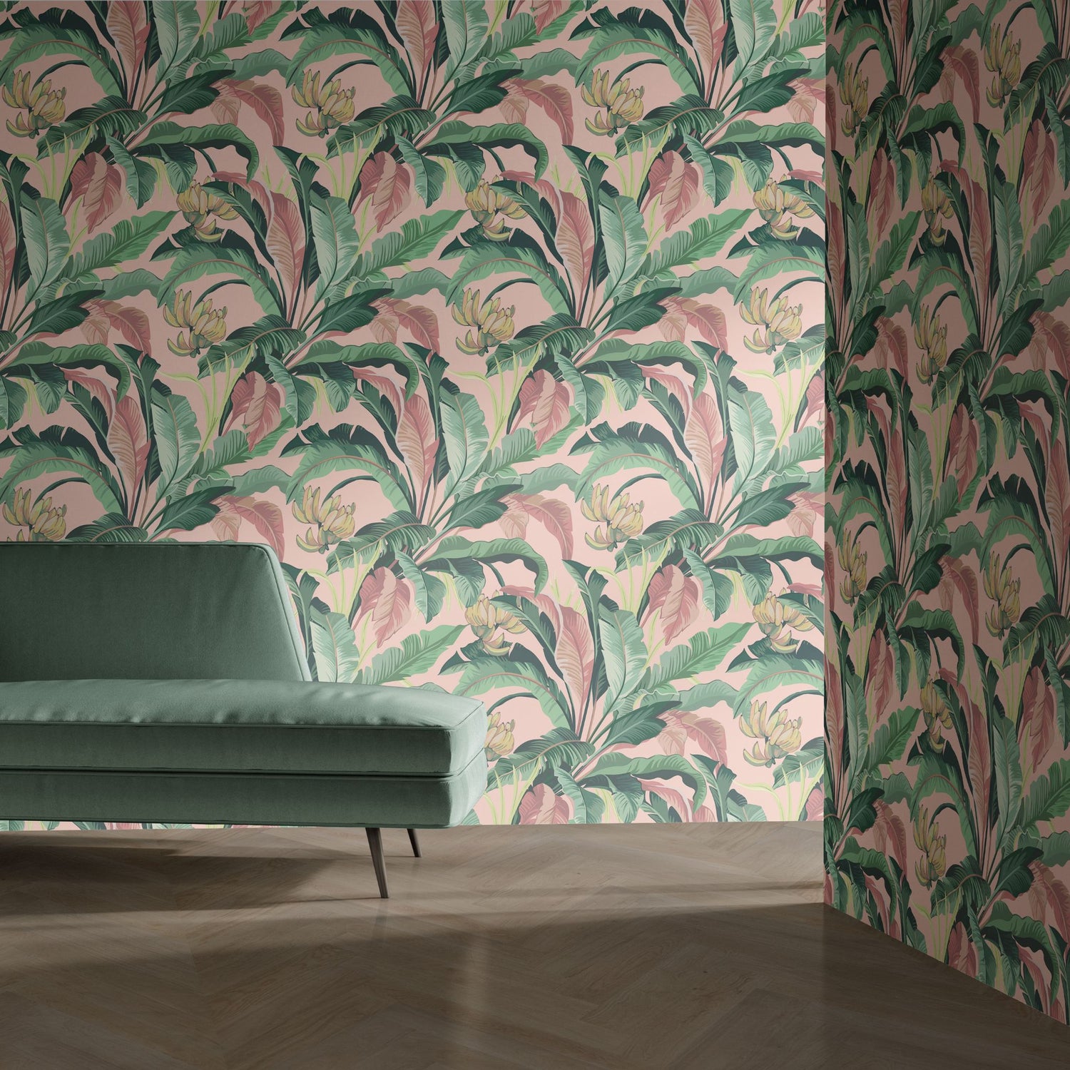 Tropical Delight | Pink and Green Banana Leaves Jungle Wallpaper Wallpaper Sckribbles