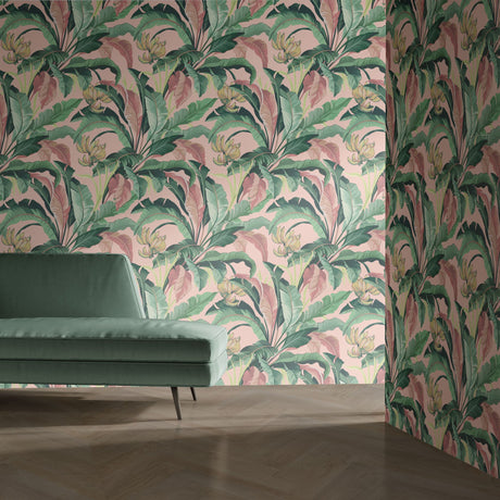 Tropical Delight | Pink and Green Banana Leaves Jungle Wallpaper Wallpaper Sckribbles