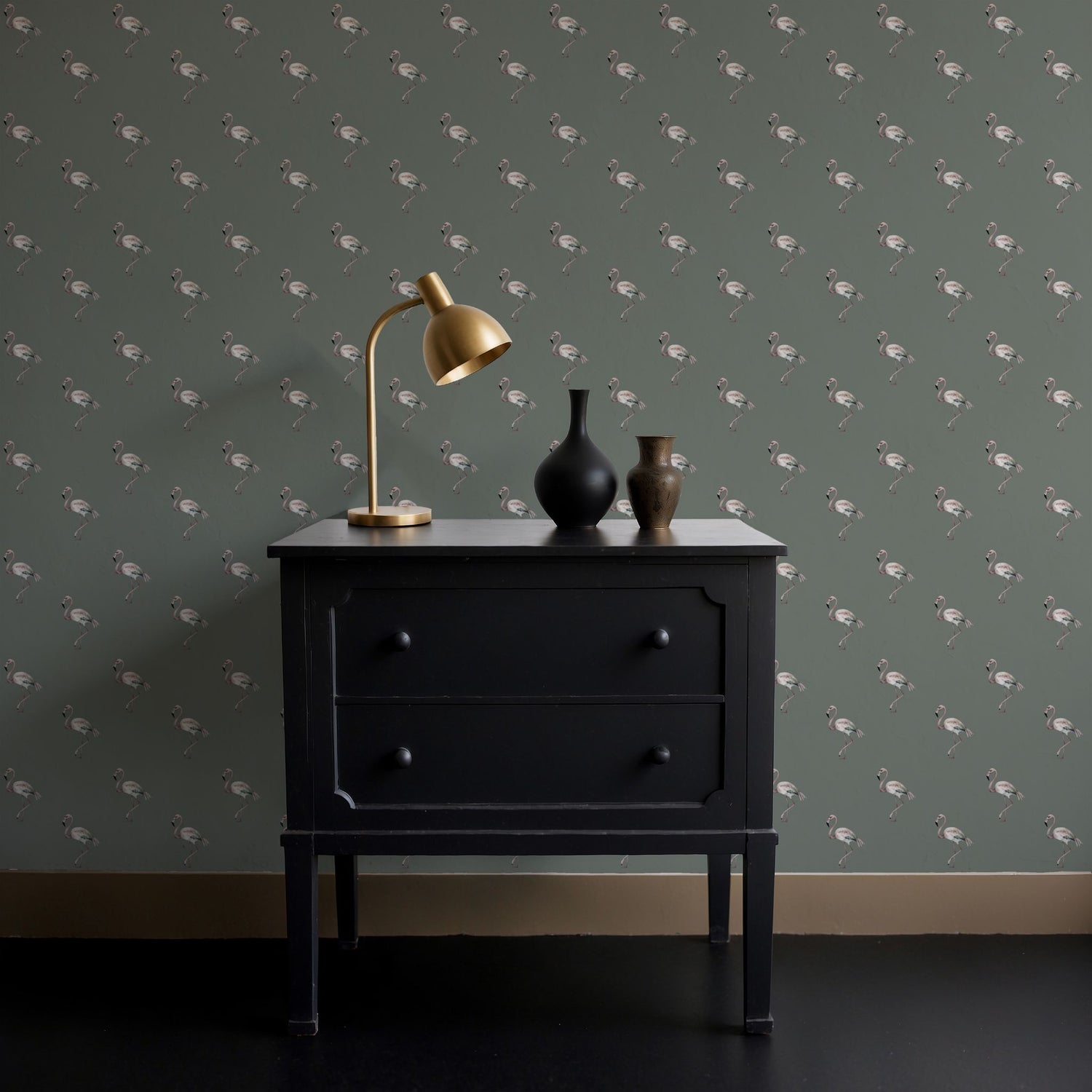 Tropical Tots | Gender-Neutral Green Flamingo Nursery Wallpaper Wallpaper Sckribbles