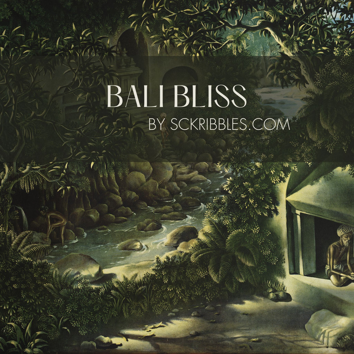 Bali Bliss | Green Moody Tropical Scenic Jungle Wallpaper Mural Wallpaper Mural Sckribbles