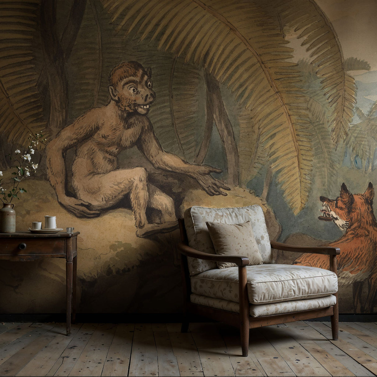Monkey & Fox | Vintage Muted Rustic Tropical Animal Wallpaper Mural Wallpaper Mural Sckribbles