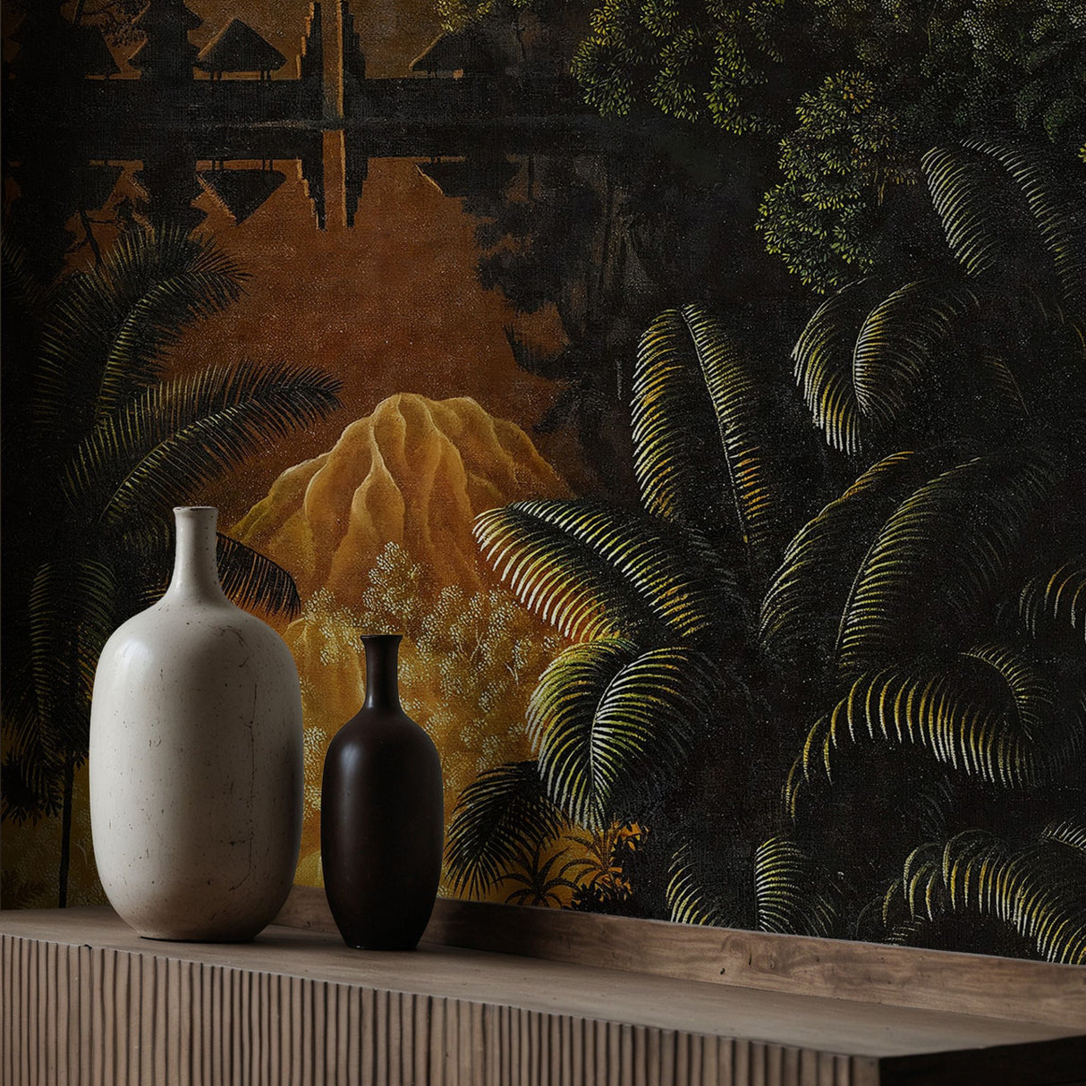 Midnight Canopy | Moody Dramatic Tropical Palm Tree Wallpaper Mural Wallpaper Mural Sckribbles