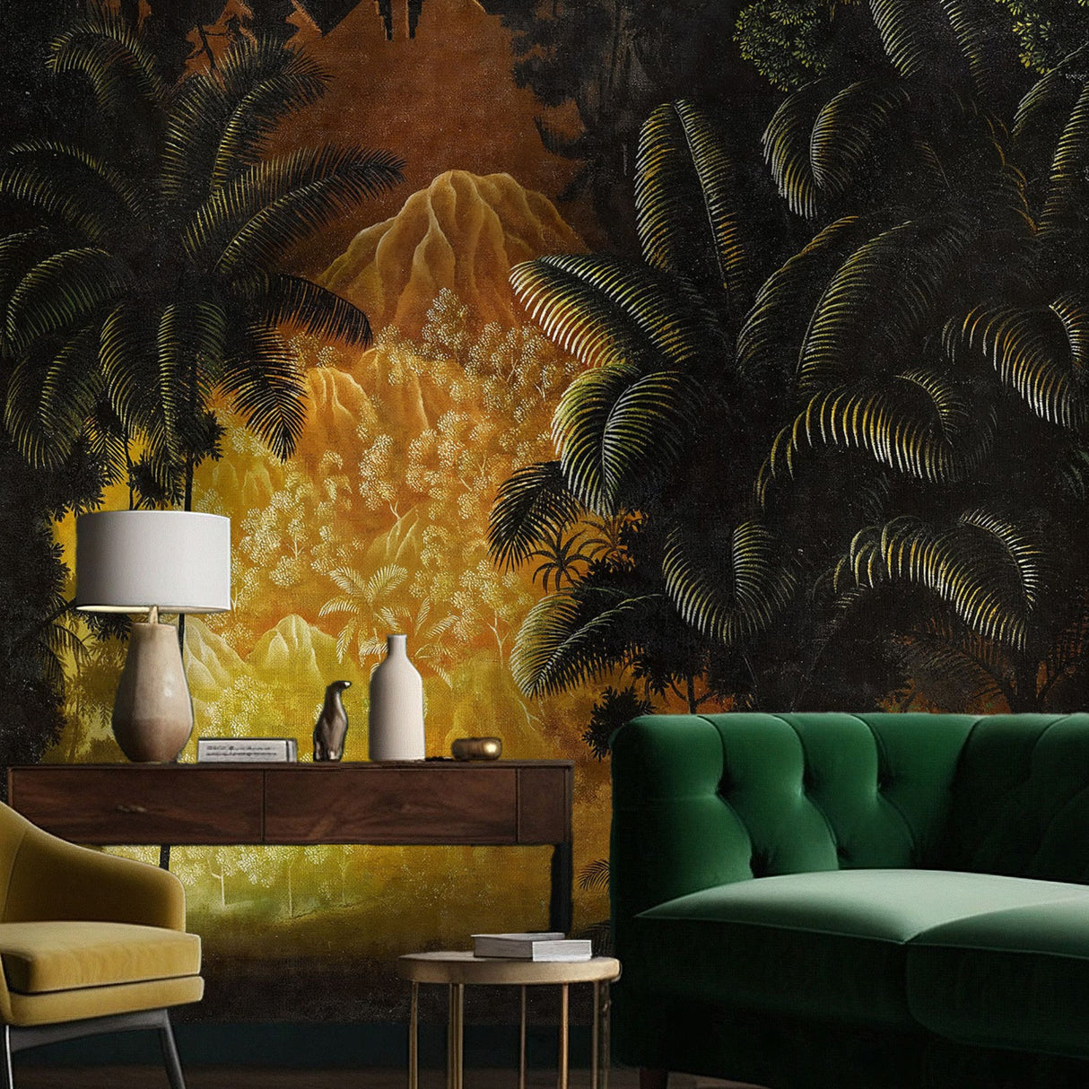 Midnight Canopy | Moody Dramatic Tropical Palm Tree Wallpaper Mural Wallpaper Mural Sckribbles