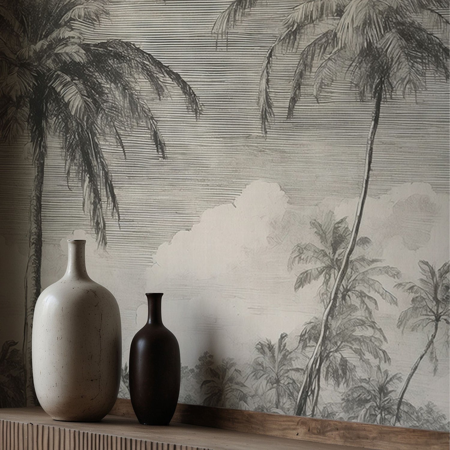 Monochrome Jungle | Gray Palm Trees Tropical Wallpaper Mural Wallpaper Mural Sckribbles