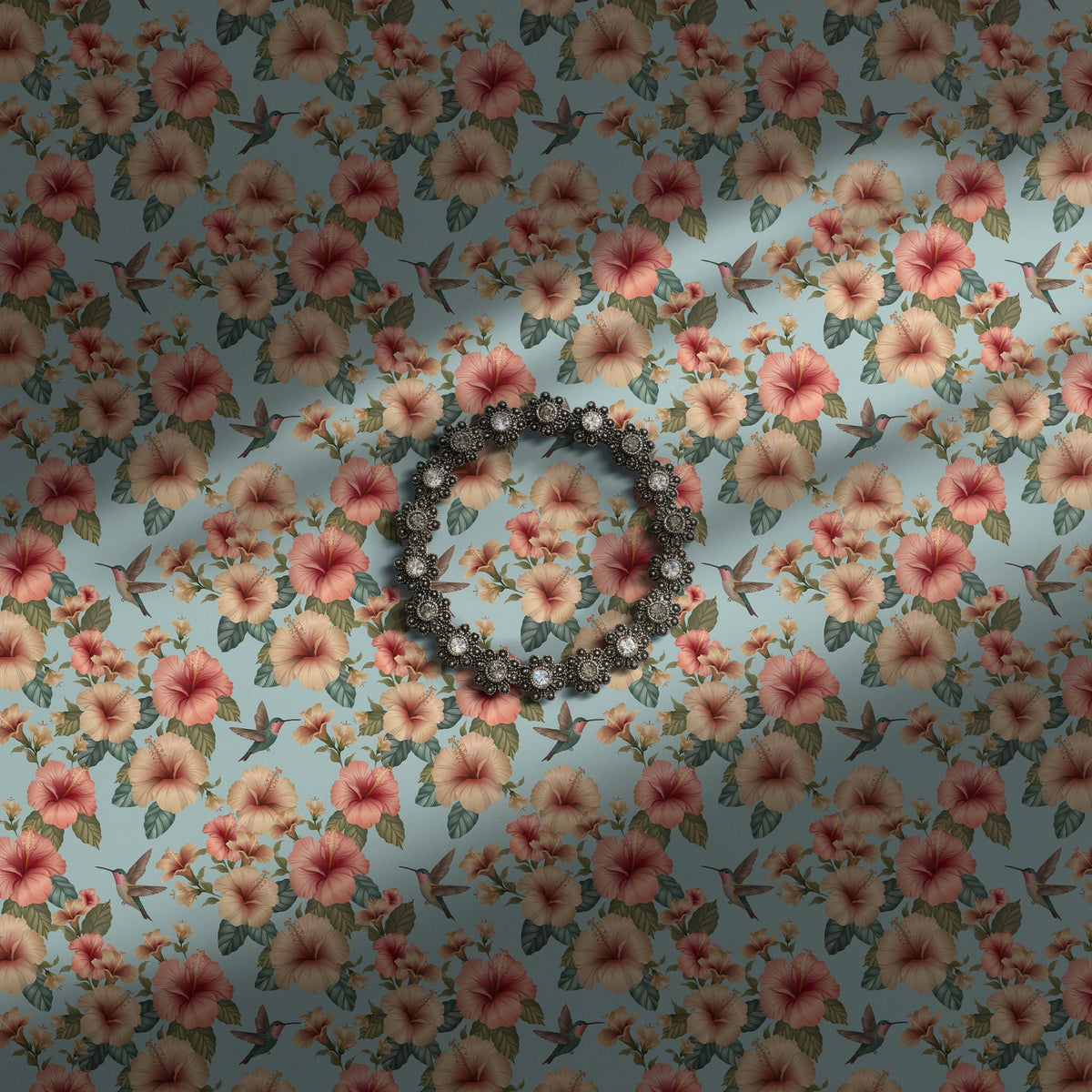 Tropical wallpaper with hibiscus flowers and hummingbirds on a pastel blue background.