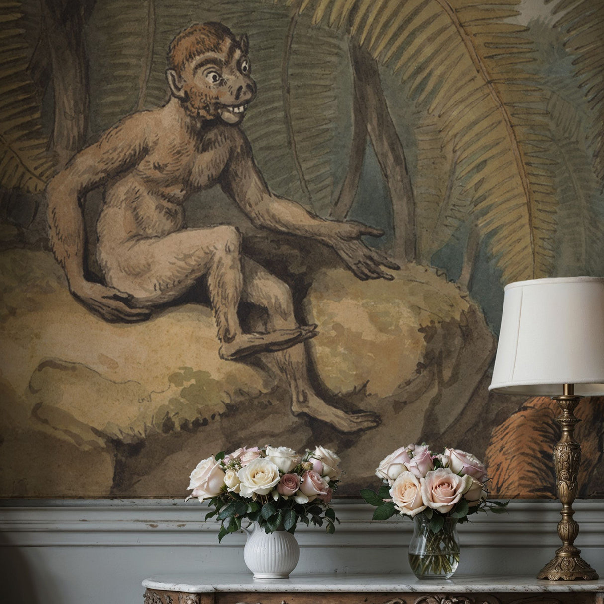 Monkey & Fox | Vintage Muted Rustic Tropical Animal Wallpaper Mural Wallpaper Mural Sckribbles