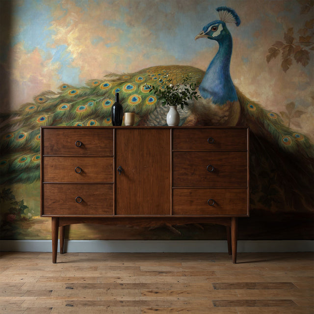 Grand Plumage | Scenic Peacock Vintage Landscape Wallpaper Mural Wallpaper Mural Sckribbles