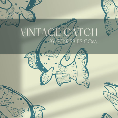 Vintage Catch | Fun Green & Cream Vintage Fish Wallpaper Wallpaper Sckribbles