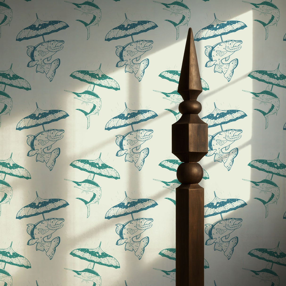 Drizzle & Fins | Fun Playful Fish with Umbrellas Vintage Wallpaper Wallpaper Sckribbles