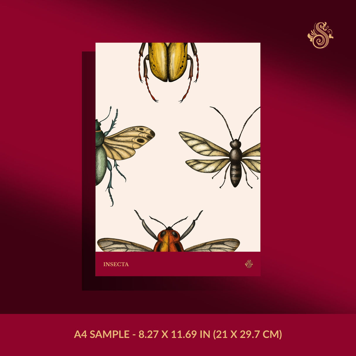 Bug Motif | Fun Eccentric Vintage Insect Wallpaper Wallpaper Sckribbles Signature - Premium Non-Woven A4 Sample - 8.27 × 11.69 in (21 × 29.7 cm) Insecta