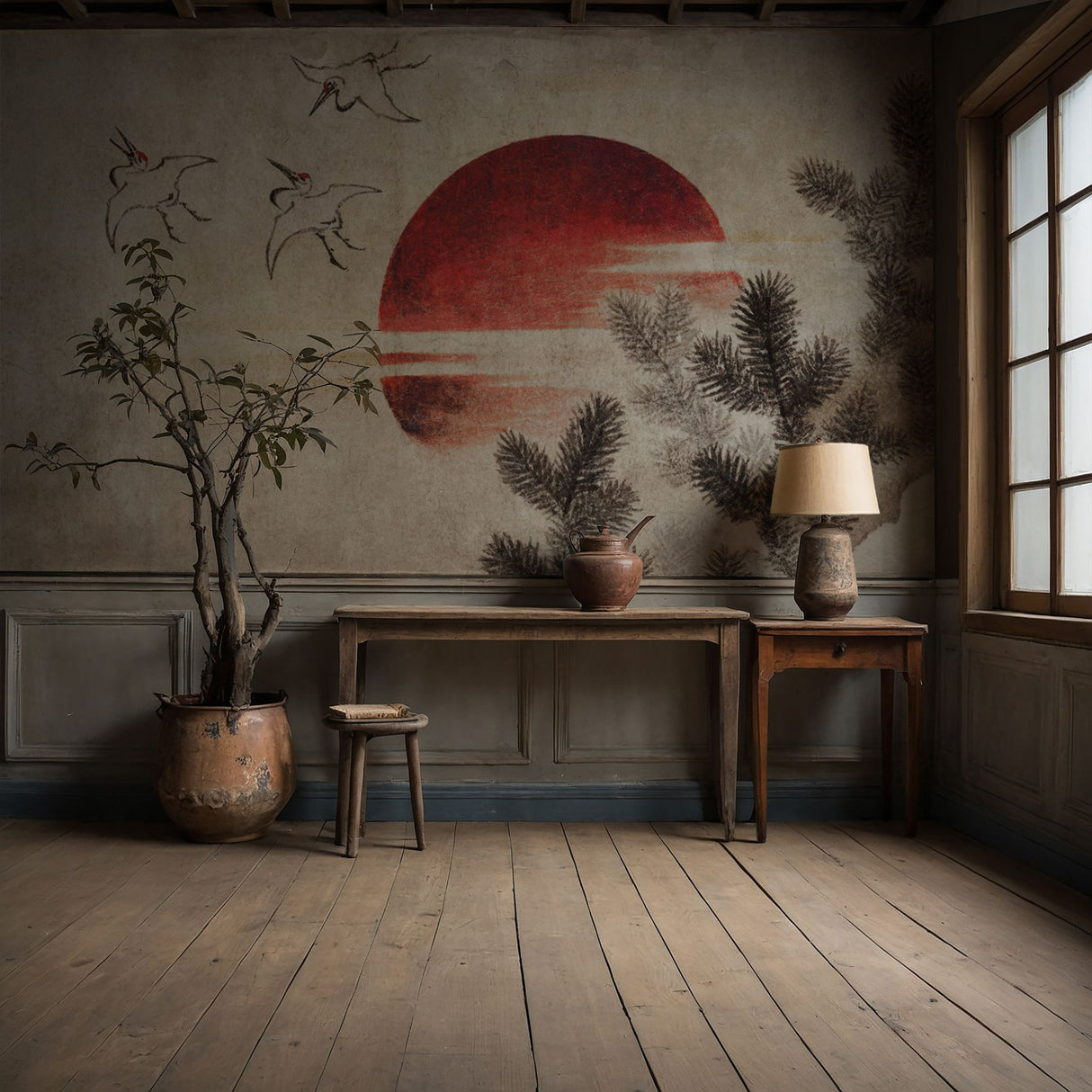 Birds & Sunset | Vintage Red, Black, and Beige Japanese Wallpaper Mural Wallpaper Mural Sckribbles