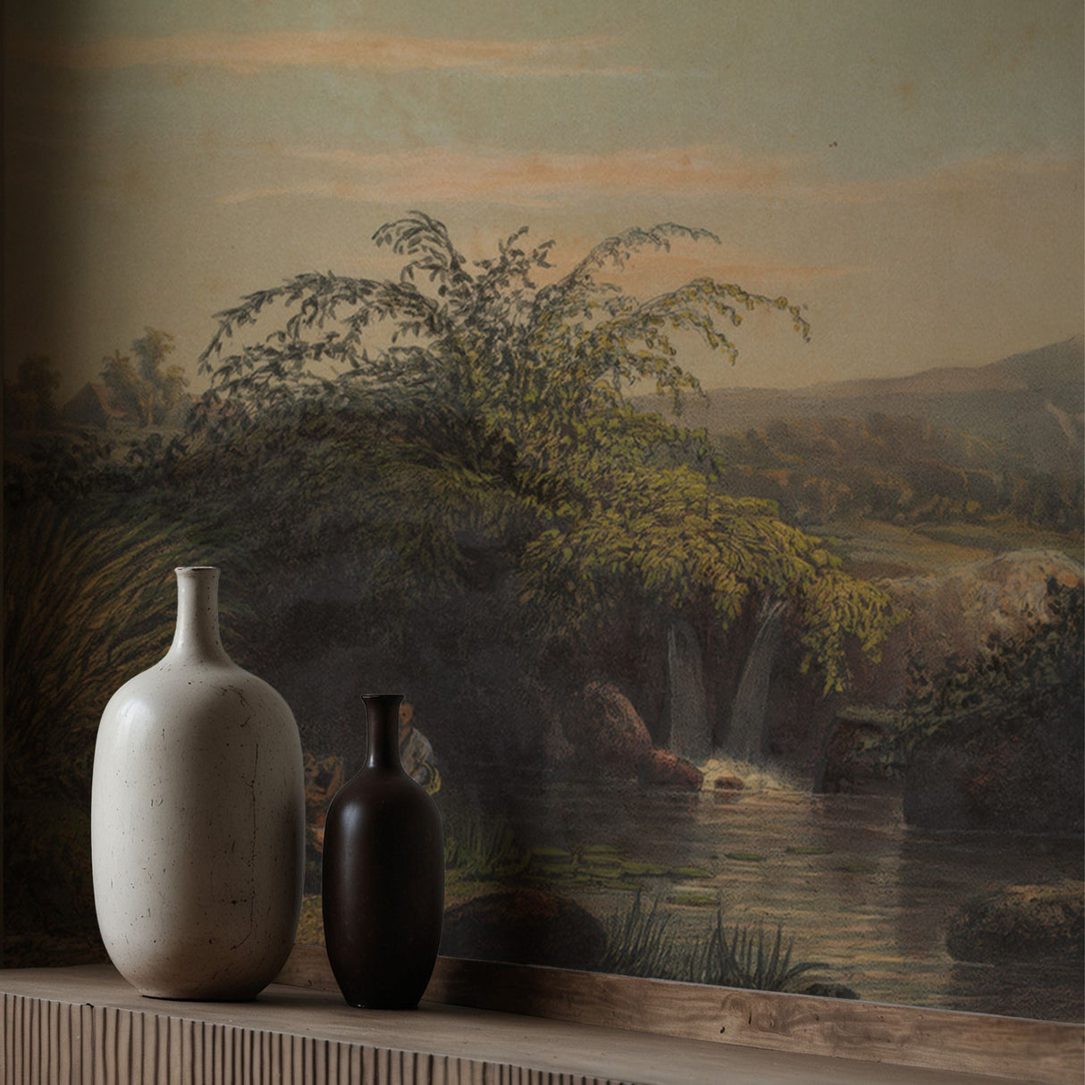 Two Figures | Vintage Scenic Coconut Trees Landscape Wallpaper Mural Wallpaper Mural Sckribbles