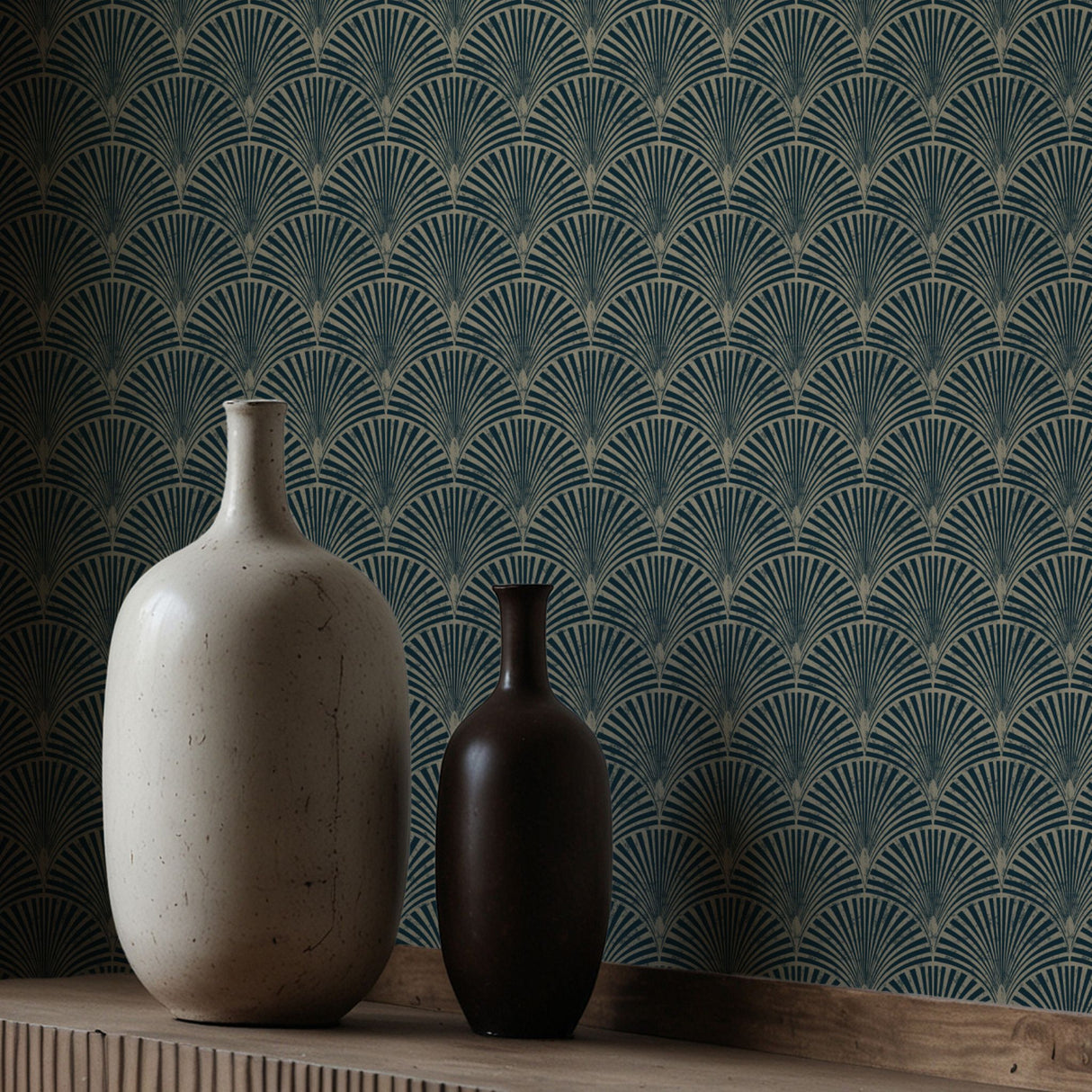 Vintage Gatsby | Art Deco Fan Weathered Blue & Green Wallpaper Wallpaper Sckribbles