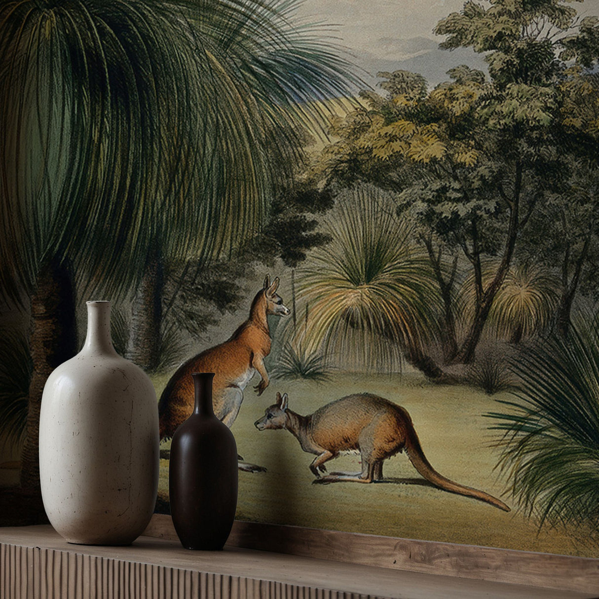 Australian Grass Trees | Vintage Scenic Kangaroos Landscape Wallpaper Mural Wallpaper Mural Sckribbles