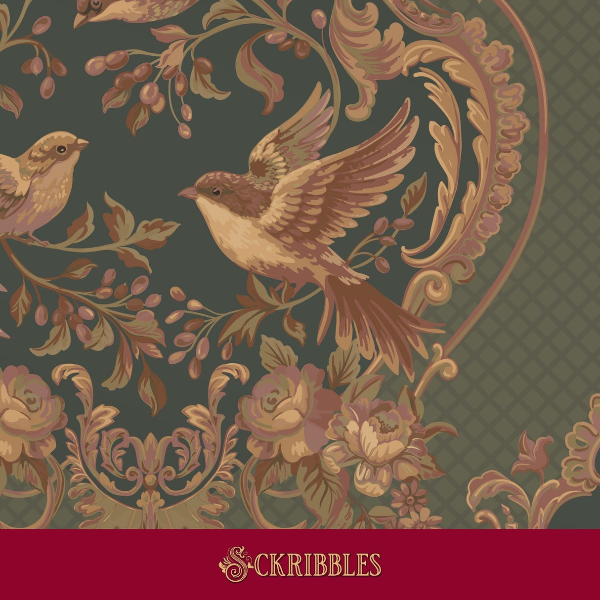 Green, brown, and beige vintage bird wallpaper with berries and florals.