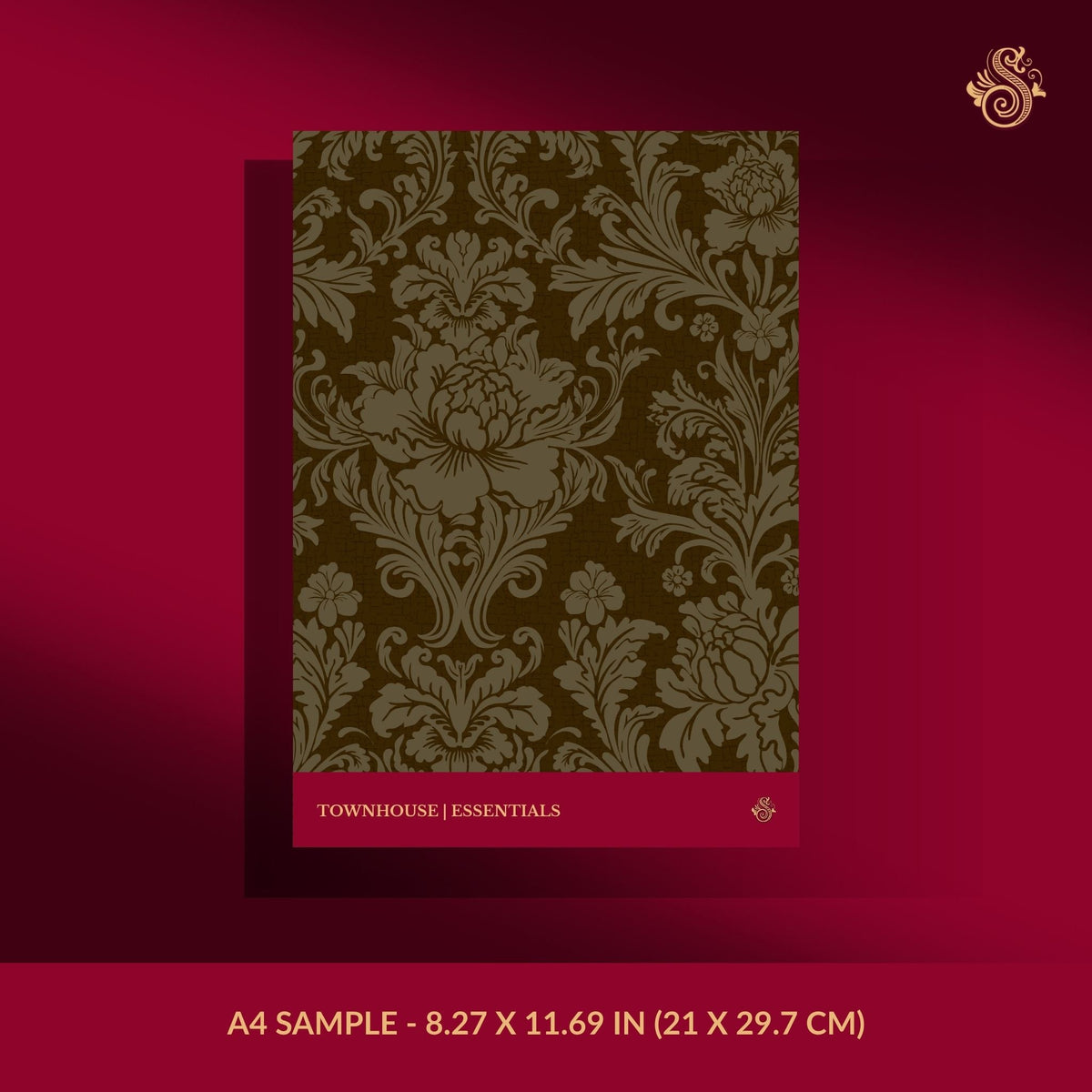 Warm brown moody damask wallpaper sample.