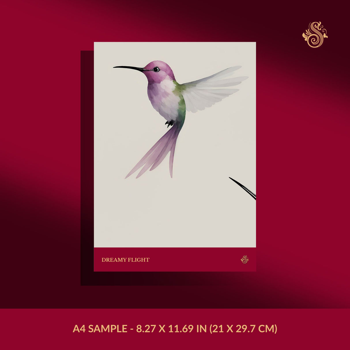Dreamy Flight | Sweet Feminine Watercolor Hummingbird Wallpaper Wallpaper Sckribbles Signature - Premium Non-Woven A4 Sample - 8.27 × 11.69 in (21 × 29.7 cm)