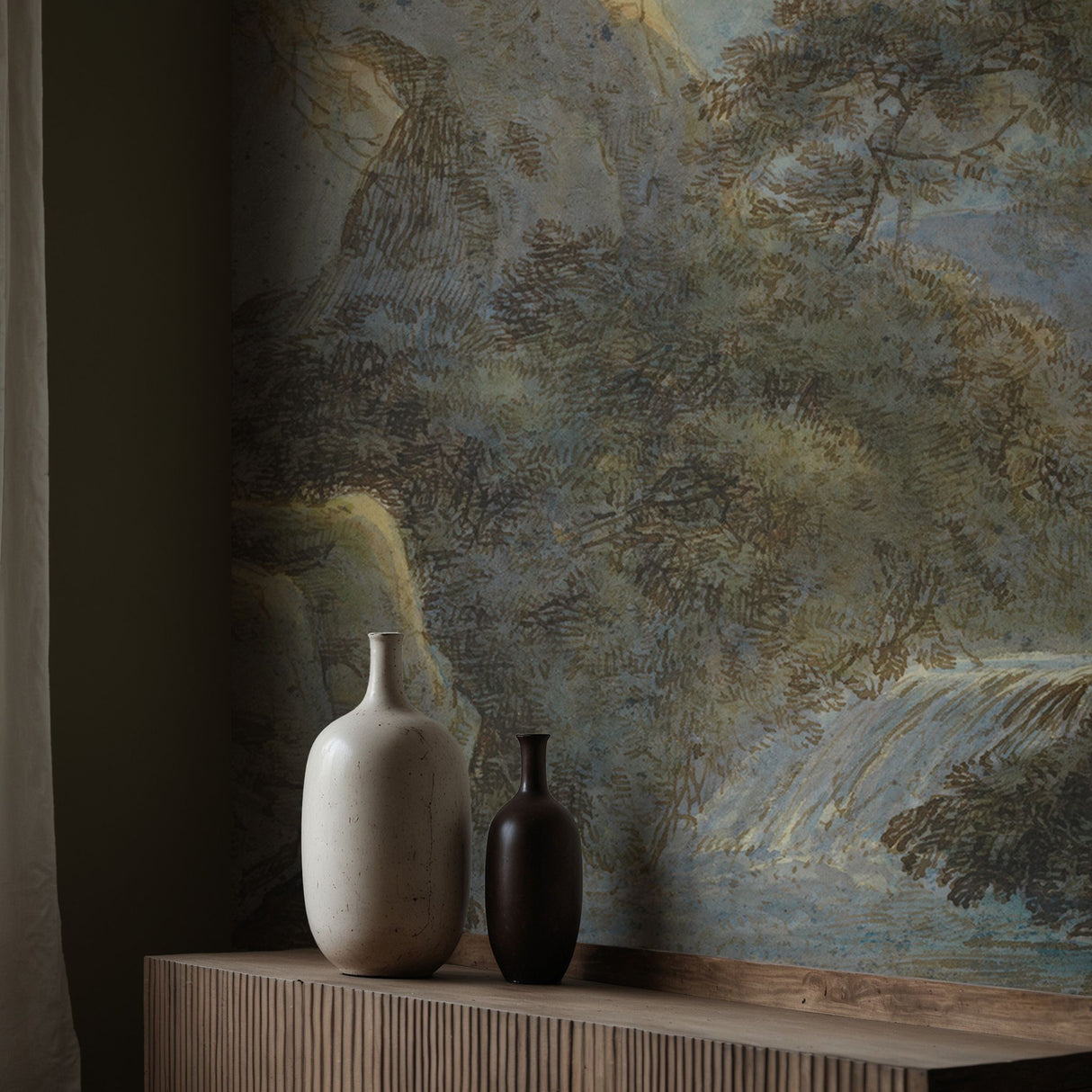 Waterfall in the Mountains by Moonlight | Beautiful Vintage Scenic Landscape Wallpaper Mural Wallpaper Mural Sckribbles