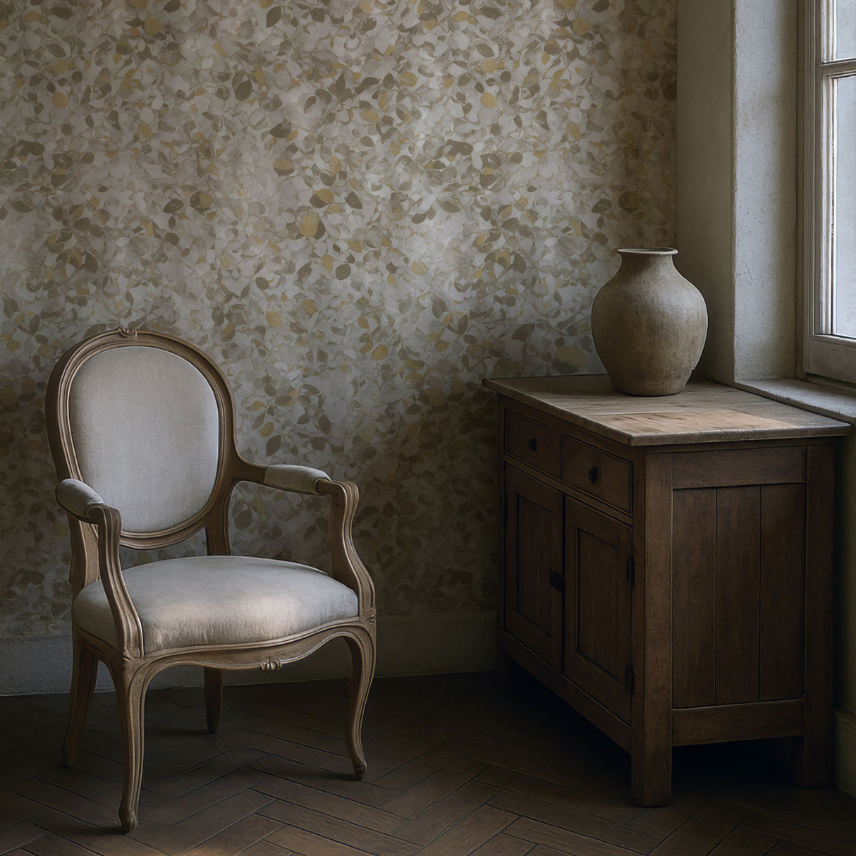 Faded Foliage | Weathered Neutral Rustic Leaves Kitchen Wallpaper Wallpaper Sckribbles