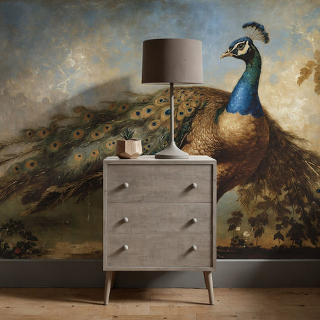 Grand Plumage | Scenic Peacock Vintage Landscape Wallpaper Mural Wallpaper Mural Sckribbles