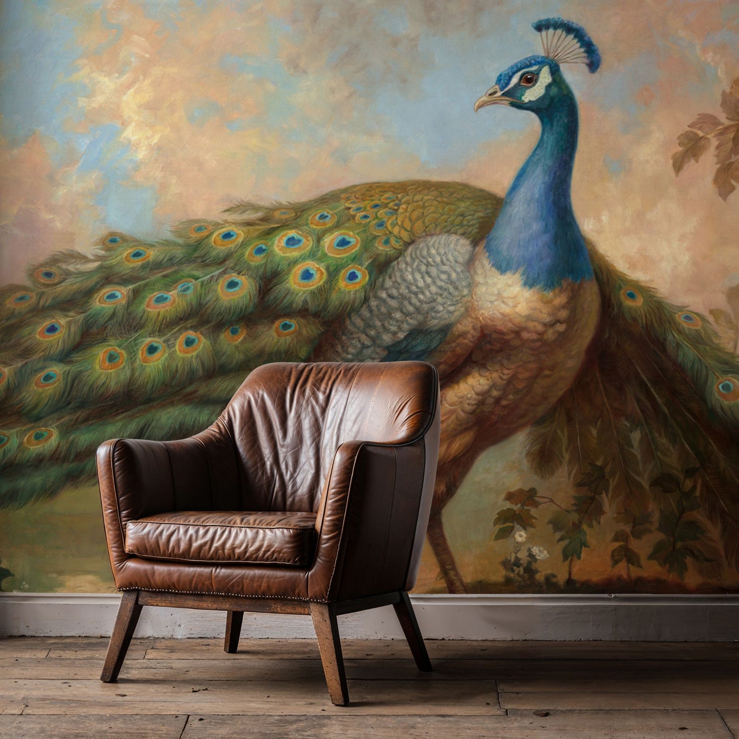 Grand Plumage | Scenic Peacock Vintage Landscape Wallpaper Mural Wallpaper Mural Sckribbles