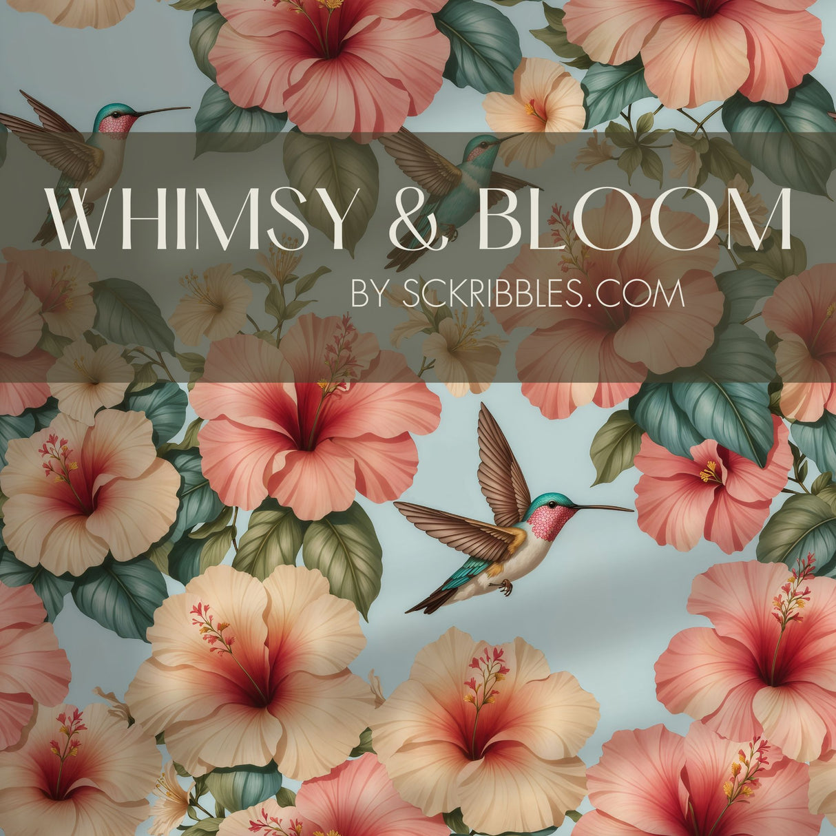 Whimsy & Bloom | Tropical Pastel Hibiscus & Hummingbird Nursery Wallpaper Wallpaper Sckribbles