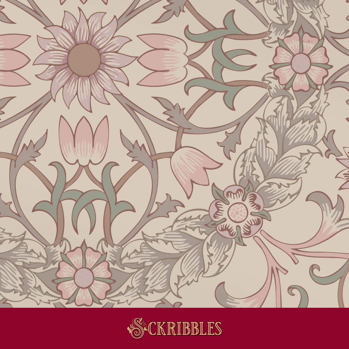 William Morris Ceiling wallpaper in muted beige tones.