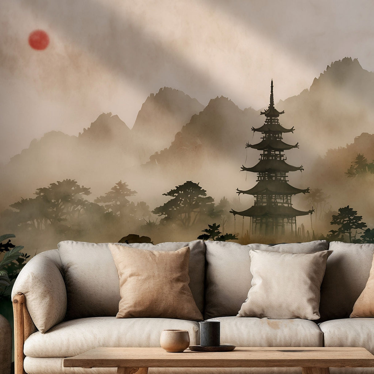 Asian Watercolor Landscape Scenic Wallpaper Mural {Hidden View} Wallpaper Mural Sckribbles