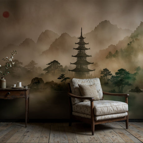 Asian Watercolor Landscape Scenic Wallpaper Mural {Hidden View} Wallpaper Mural Sckribbles