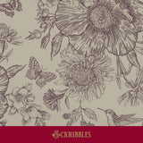 Light beige feminine floral wallpaper with butterflies, birds, and berries.