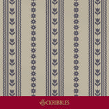 Beige and muted blue striped wallpaper with floral motifs.