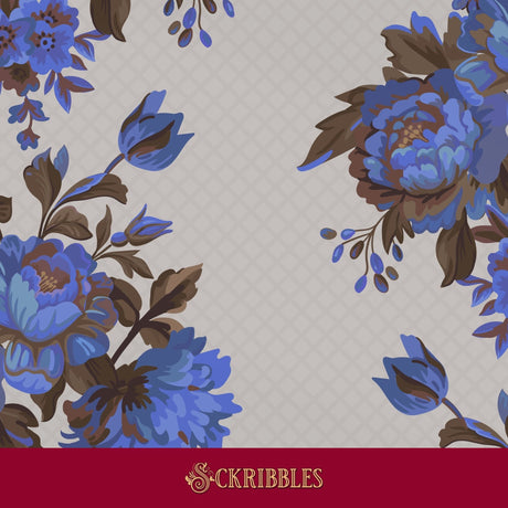 Blue and brown floral wallpaper on a light neutral background.
