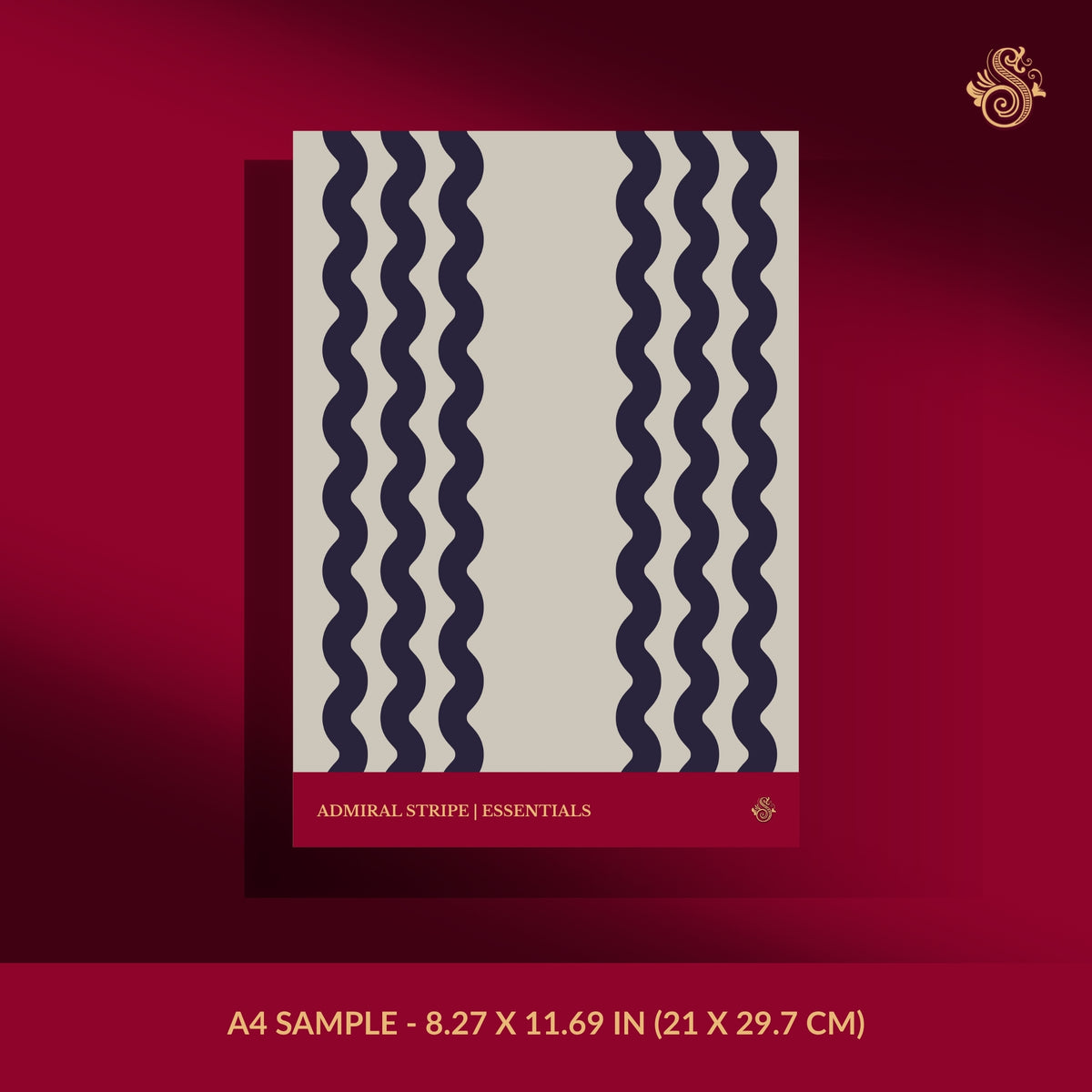 Beige and blue wavy striped wallpaper sample.