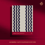 Beige and blue wavy striped wallpaper sample.