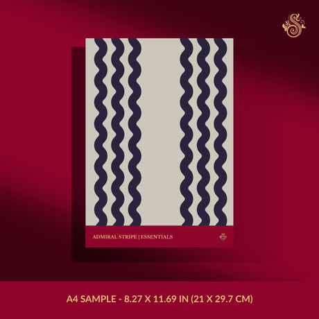 Beige and blue wavy striped wallpaper sample.