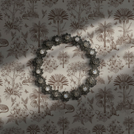 A taupe toile-pattern featuring palm trees and animals.