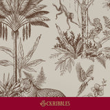 A brown vintage-style botanical and animal wallpaper on a beige background, featuring palm trees, monkeys, a leopard, a parrot, and flowers.