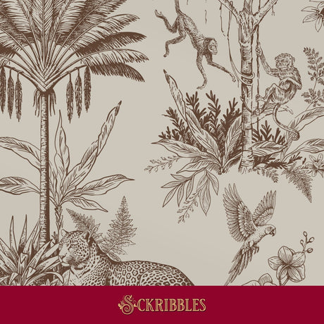 A brown vintage-style botanical and animal wallpaper on a beige background, featuring palm trees, monkeys, a leopard, a parrot, and flowers.