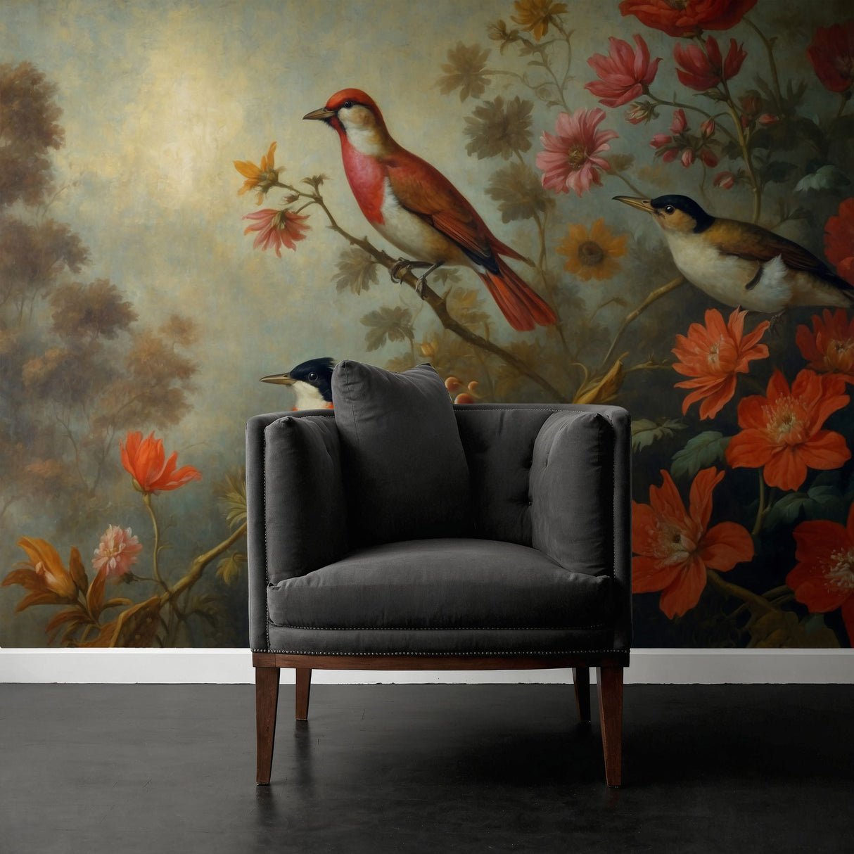 Floral Scenery Landscape w/ Birds Wallpaper Mural {Feathered Fresco} Wallpaper Sckribbles   