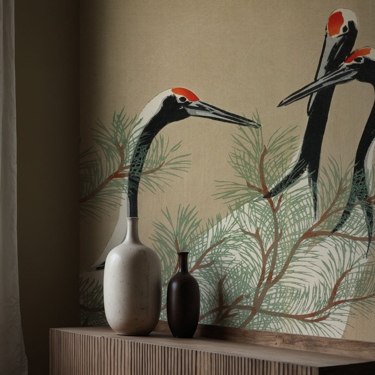 Vintage Traditional Japanese Crane Wallpaper Mural {Tsuru from Momoyogusa} Wallpaper Mural Sckribbles