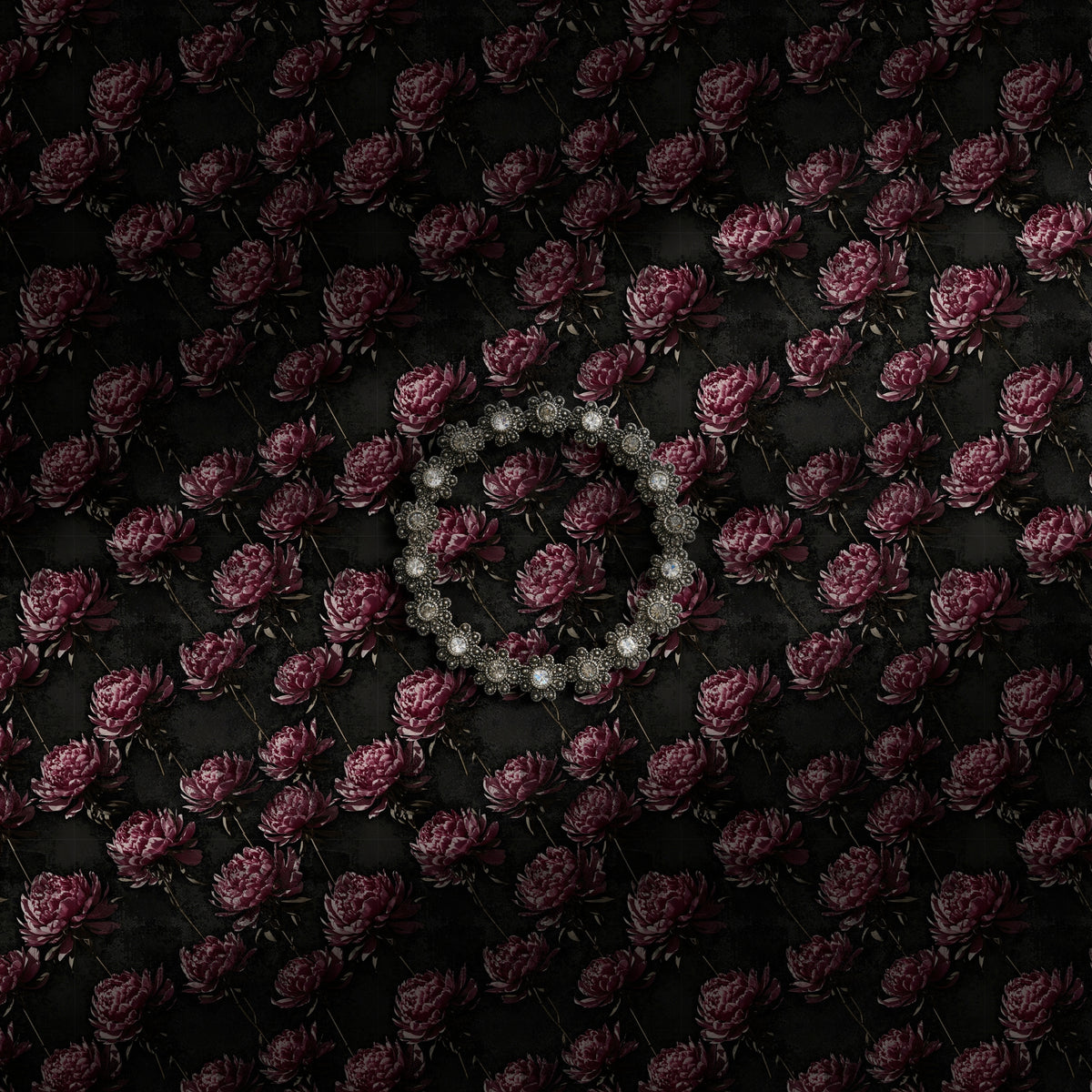 Black and purple floral peony wallpaper for gothic interiors.