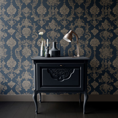 Vintage Blue and Cream Damask Wallpaper {Navy Manor} Wallpaper Sckribbles   