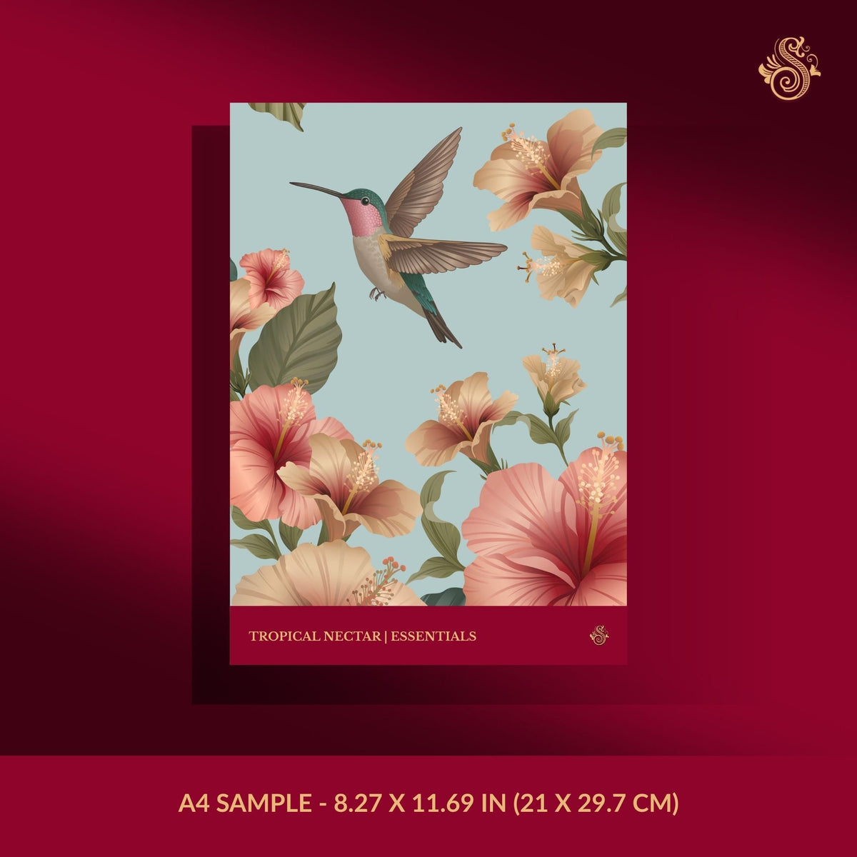 Blue tropical wallpaper sample with hummingbirds and flowers.