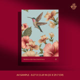 Blue tropical wallpaper sample with hummingbirds and flowers.