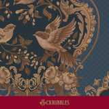 Navy blue and brown vintage wallpaper with birds, berries, and florals.
