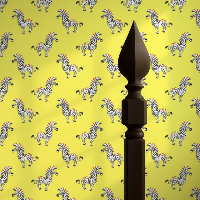 Tiny Trotters | Bold Bright Yellow Maximalist Zebra Wallpaper Wallpaper Sckribbles
